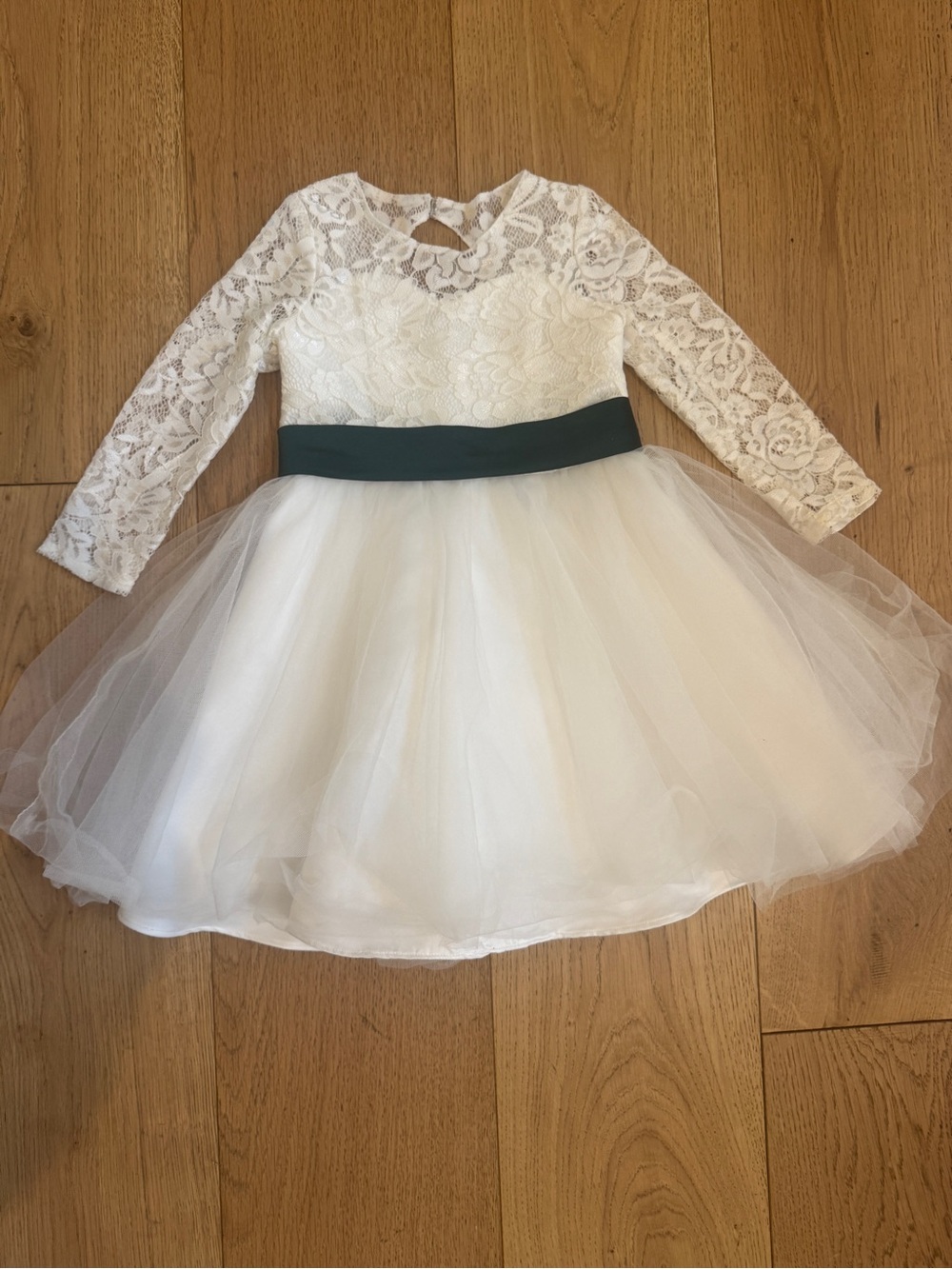 Girls' White Lace Tulle Dress with Dark Green Sash